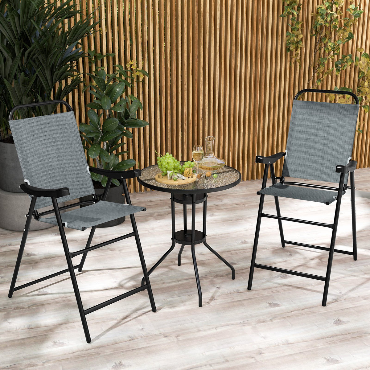 Patio Folding Bar Stool Set of 2 with Metal Frame and Footrest-Blue view 3