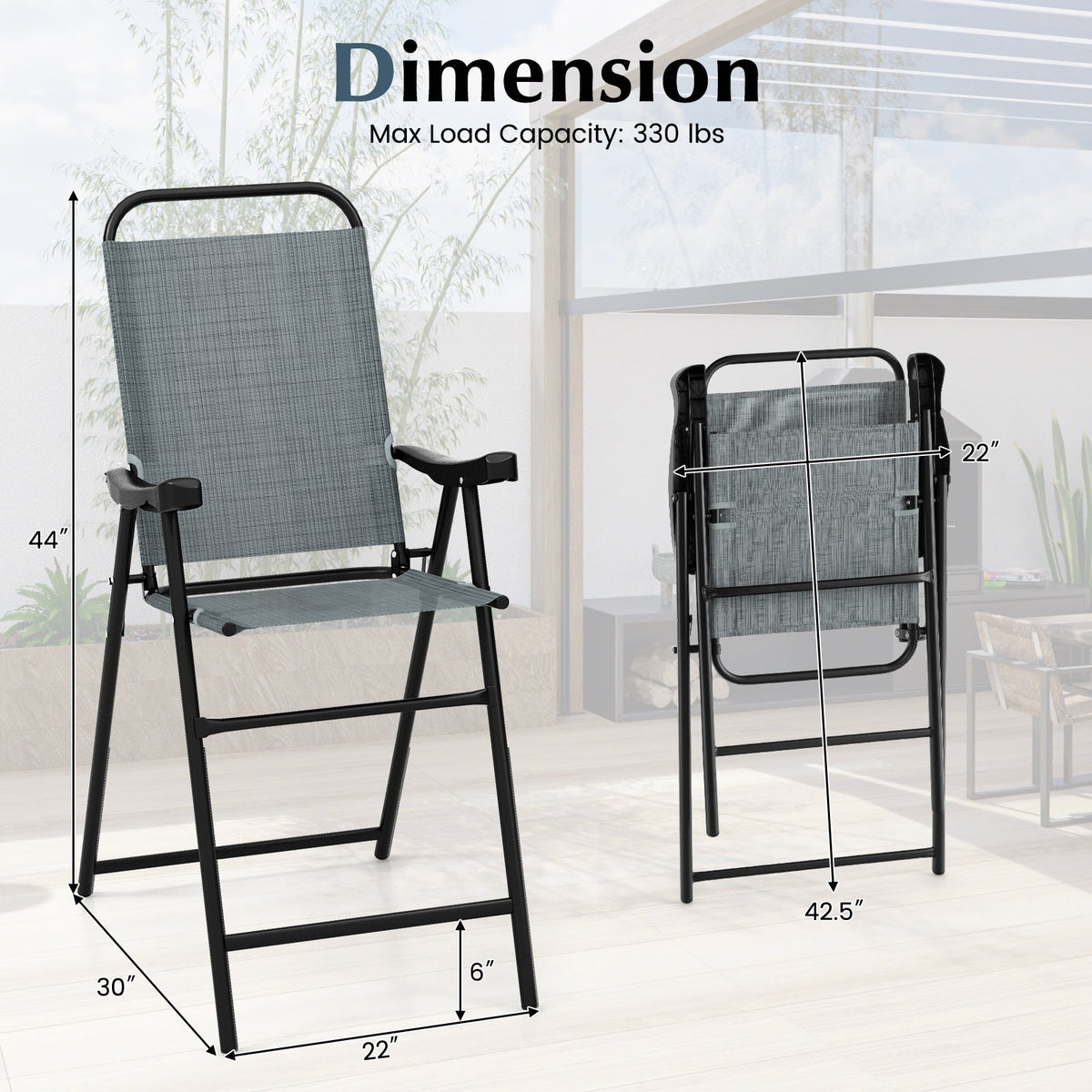 Patio Folding Bar Stool Set of 2 with Metal Frame and Footrest-Blue view 4