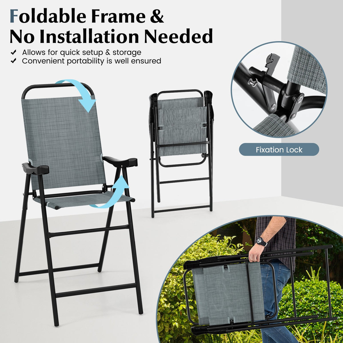 Patio Folding Bar Stool Set of 2 with Metal Frame and Footrest-Blue view 5