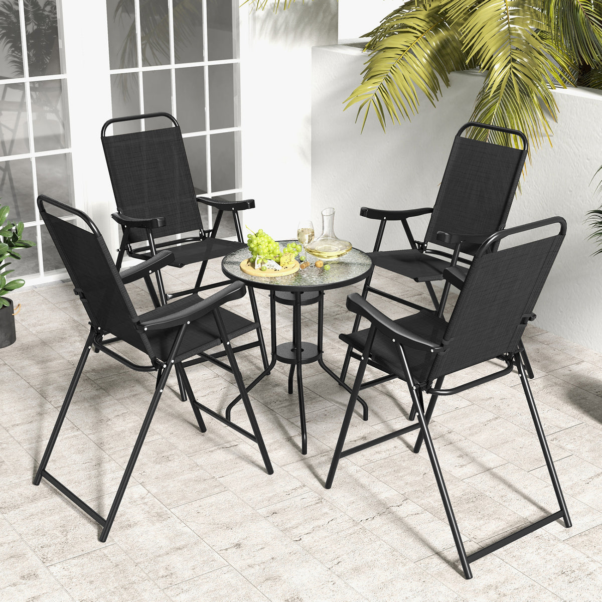 Patio Folding Bar Stool Set of 4 with Metal Frame and Footrest-Black view 2