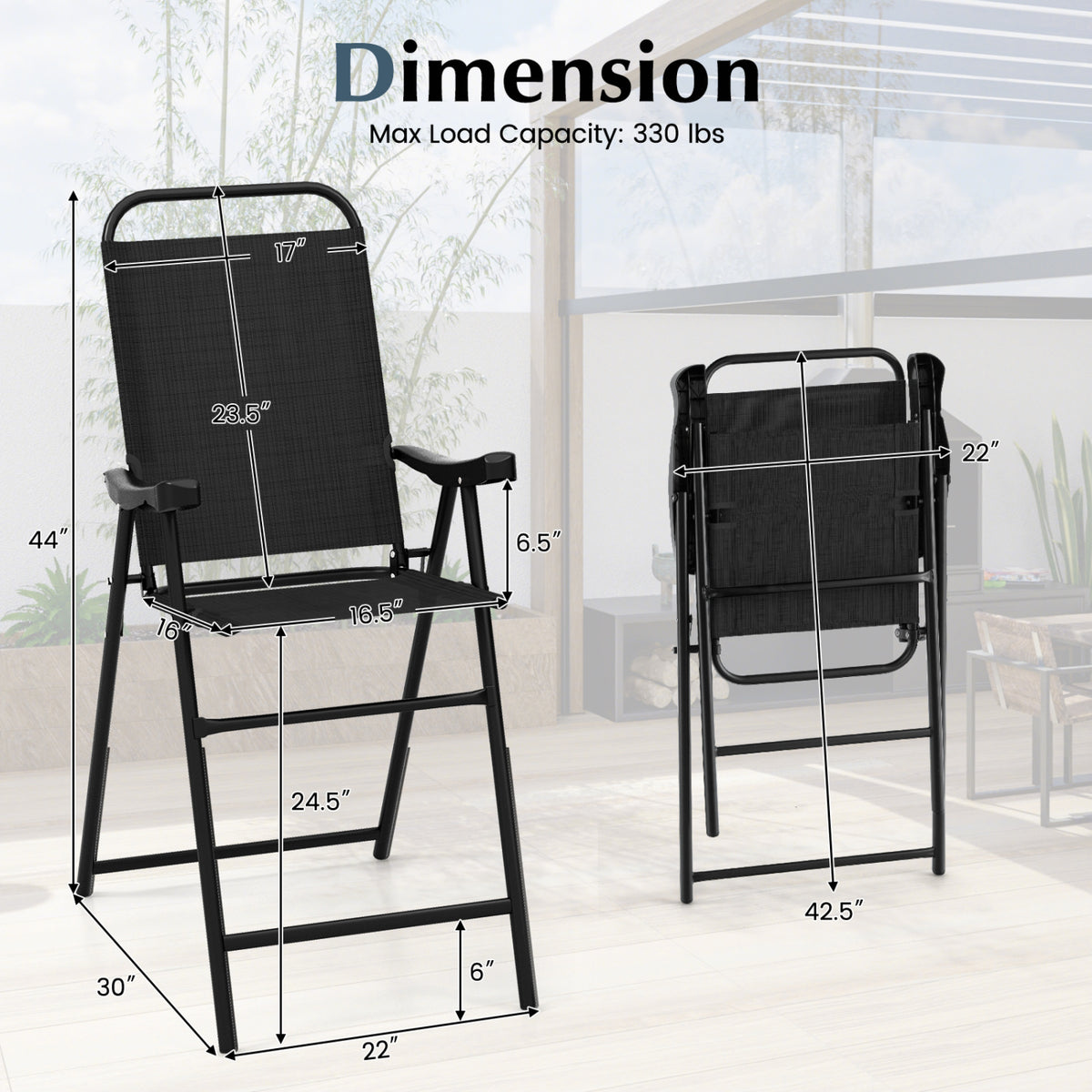 Patio Folding Bar Stool Set of 4 with Metal Frame and Footrest-Black view 4