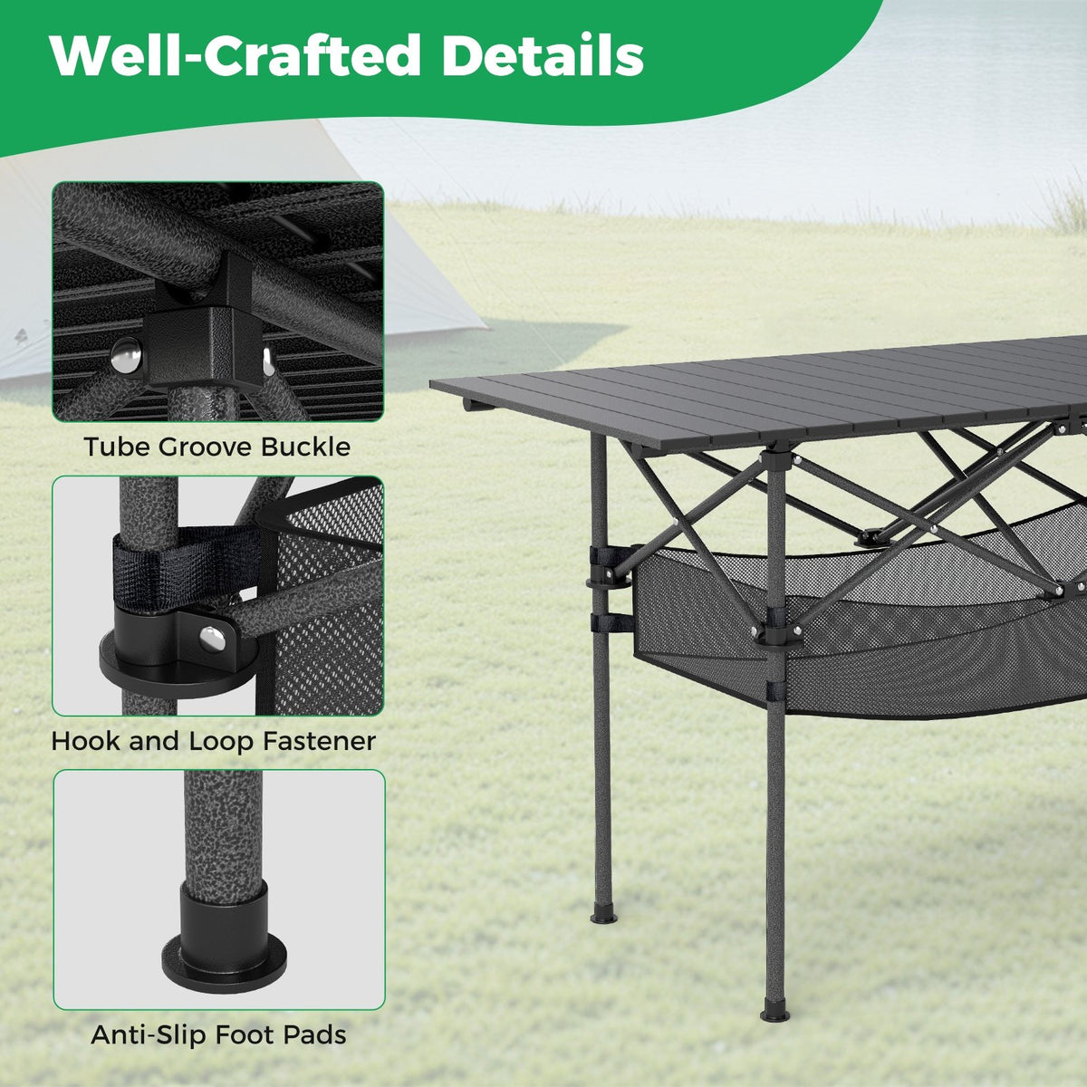 Patio Folding Camping Table with Roll-up Tabletop and Mesh Basket-Black view 8