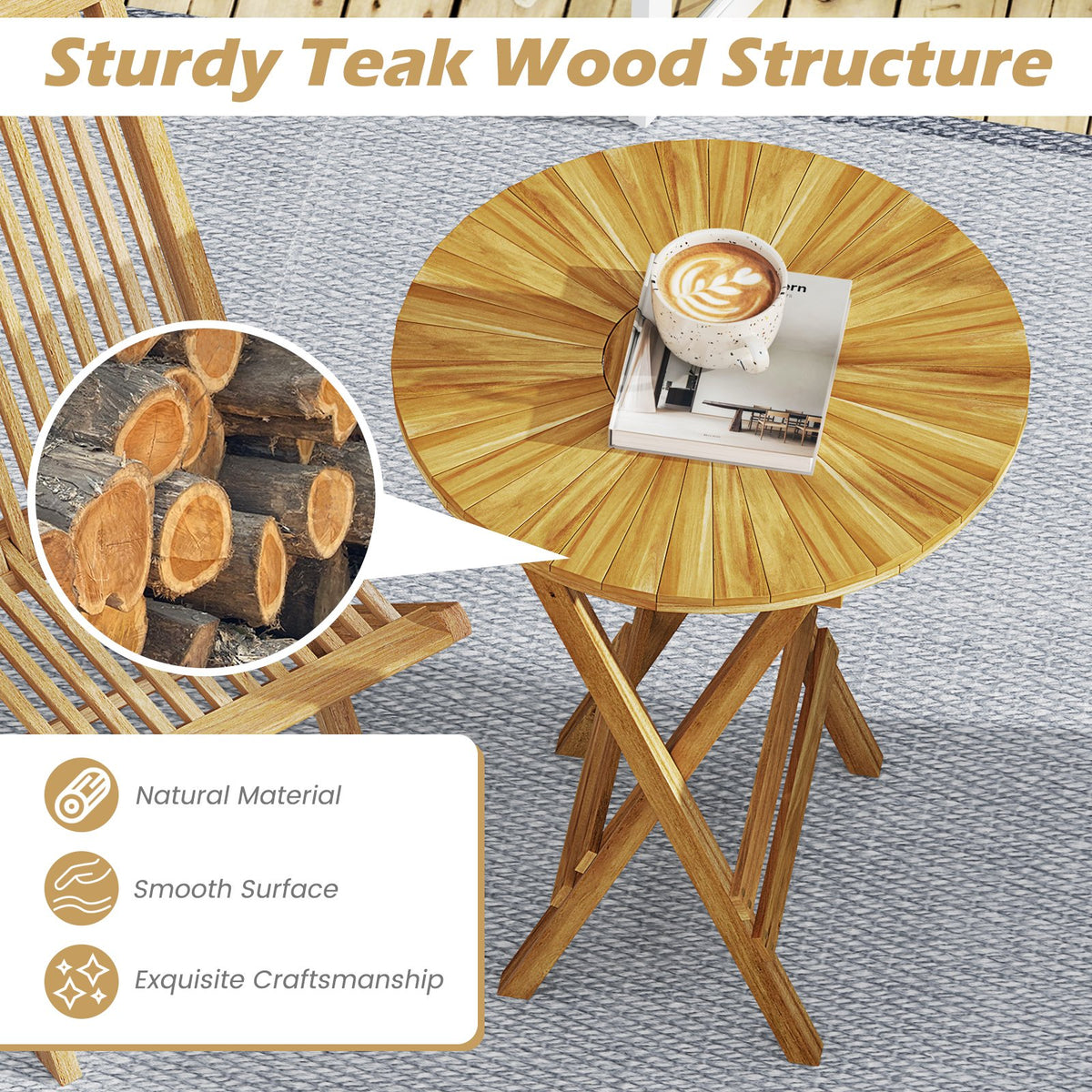 Patio Folding Side Table Teak Wood Round End Table with Slatted Tabletop and X-Shaped Frame view 7