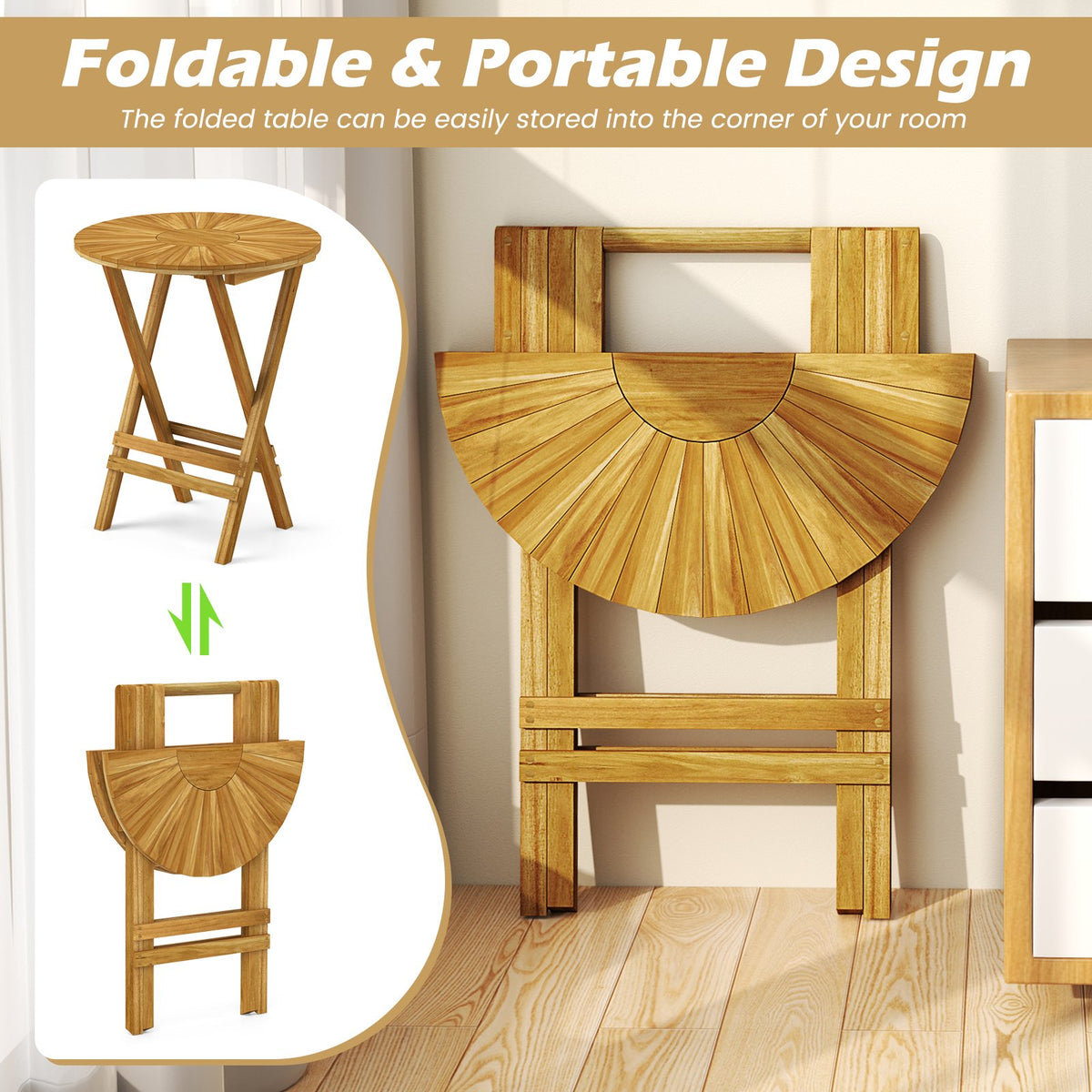 Patio Folding Side Table Teak Wood Round End Table with Slatted Tabletop and X-Shaped Frame view 8