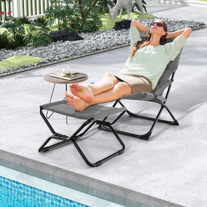 Patio Folding Sling Chair with Ottoman Footrest and Removable Cushion-Gray view 2