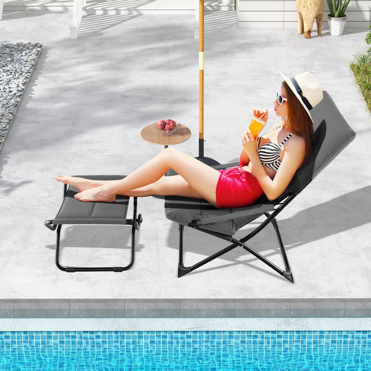 Patio Folding Sling Chair with Ottoman Footrest and Removable Cushion-Gray view 3