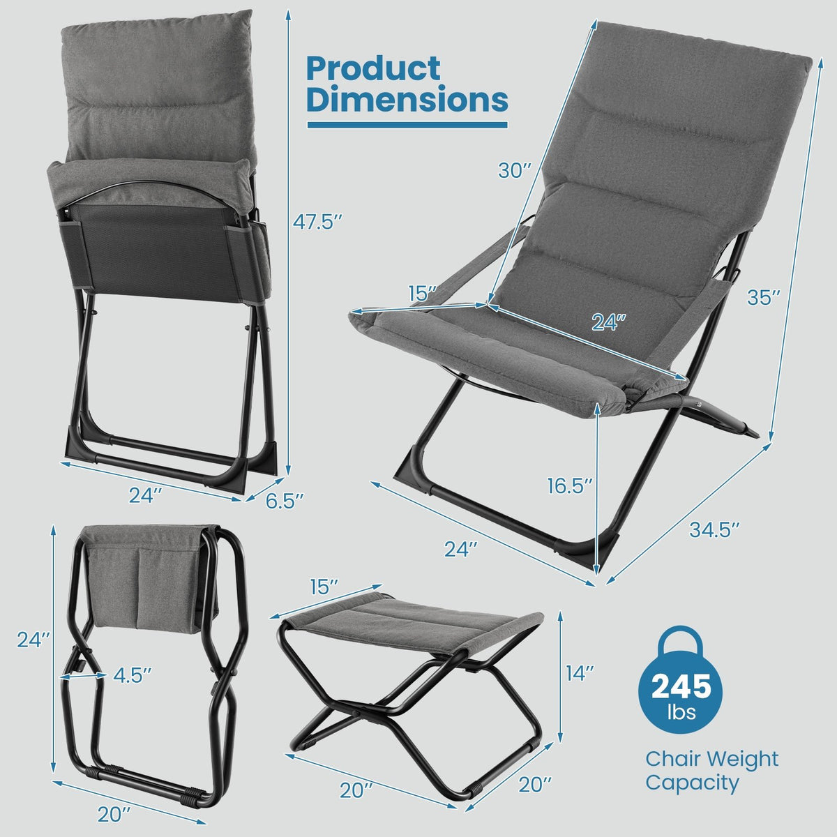 Patio Folding Sling Chair with Ottoman Footrest and Removable Cushion-Gray view 5