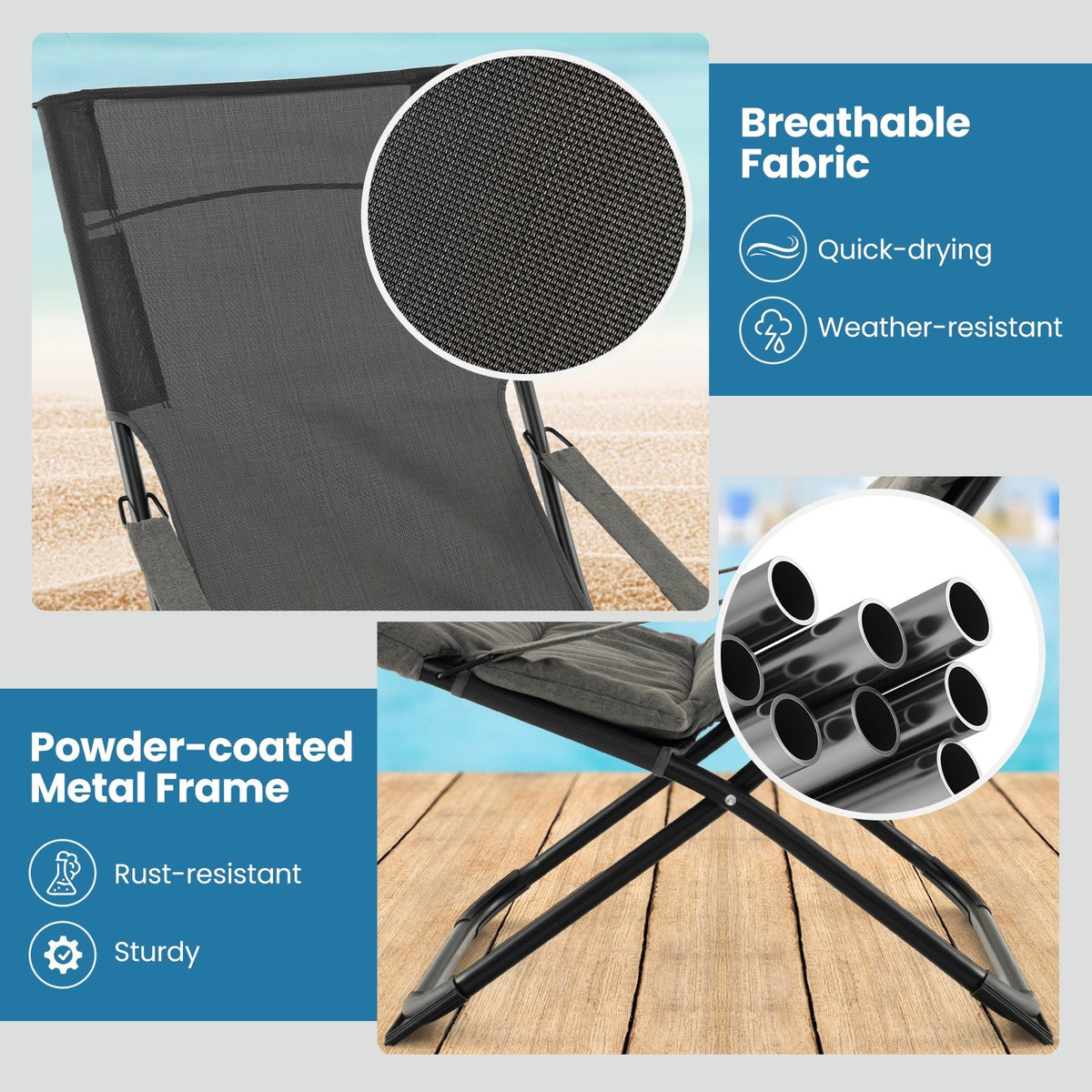 Patio Folding Sling Chair with Ottoman Footrest and Removable Cushion-Gray view 7