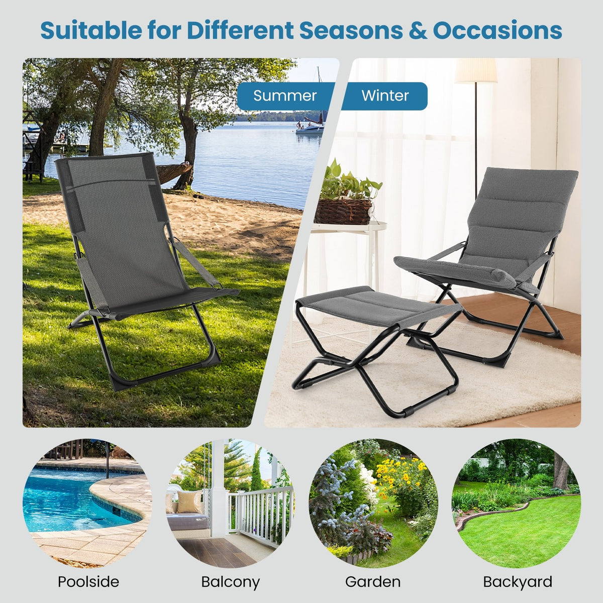 Patio Folding Sling Chair with Ottoman Footrest and Removable Cushion-Gray view 8