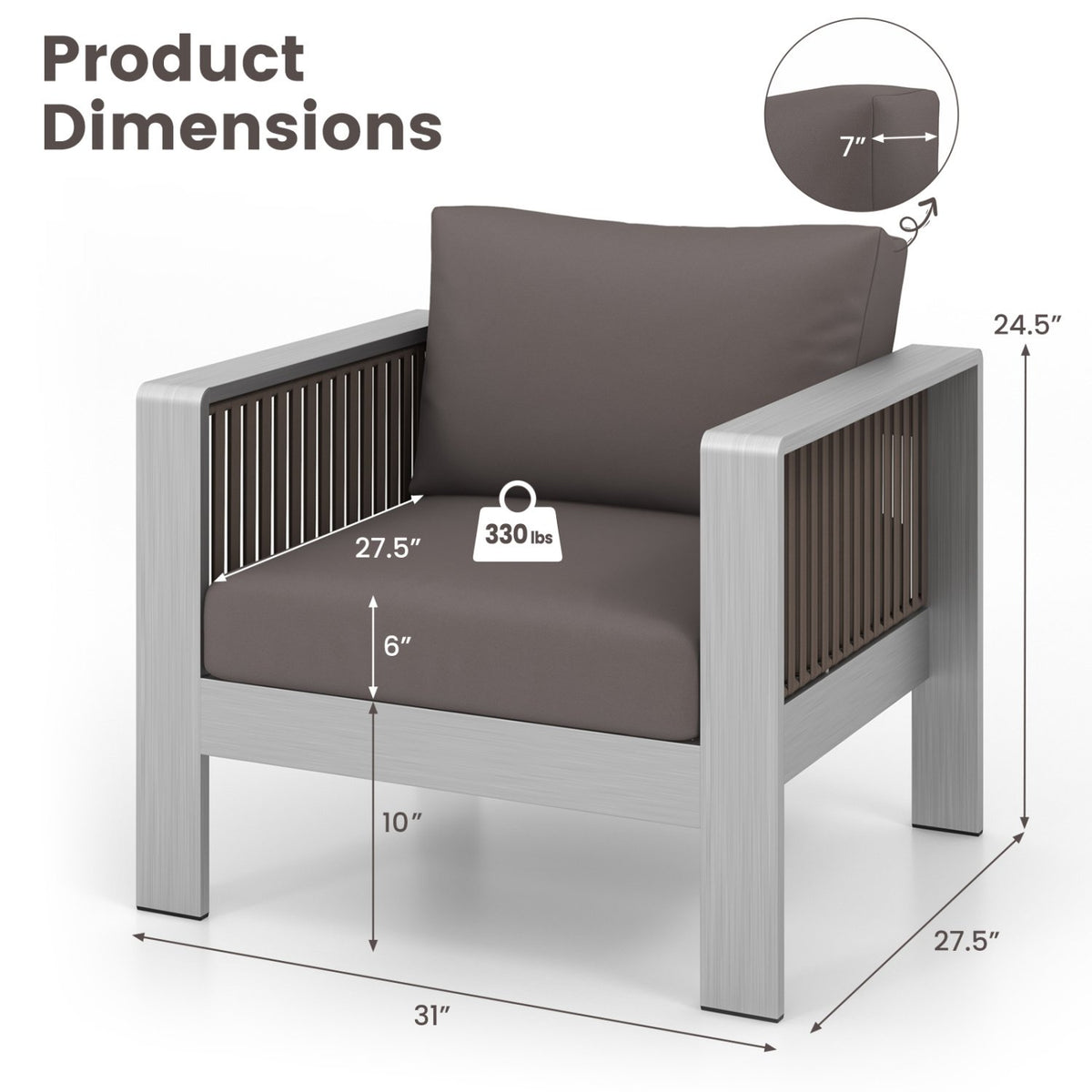 Patio Furniture Aluminum Armchair with Thick Back and Seat Cushion view 2