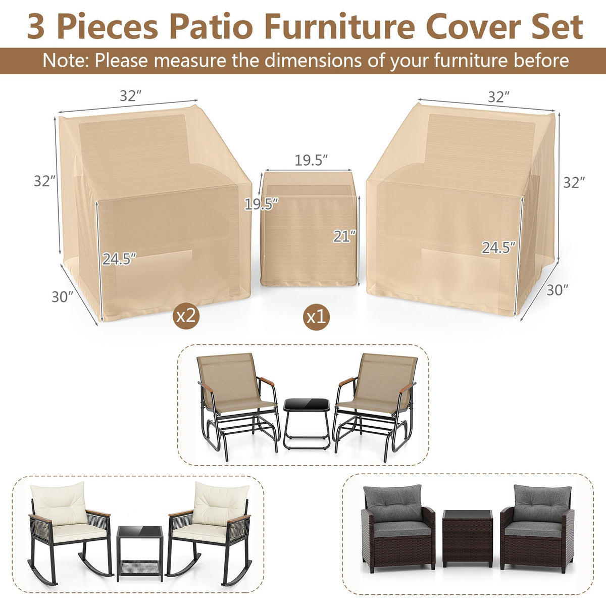 Patio Furniture Covers Waterproof Outdoor Conversation Covers for 3 Pieces Bistro Set-Beige view 4