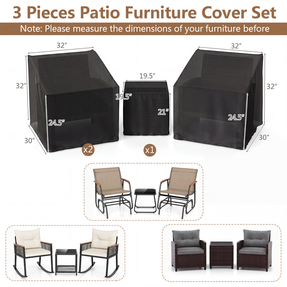 Patio Furniture Covers Waterproof Outdoor Conversation Covers for 3 Pieces Bistro Set-Black view 5