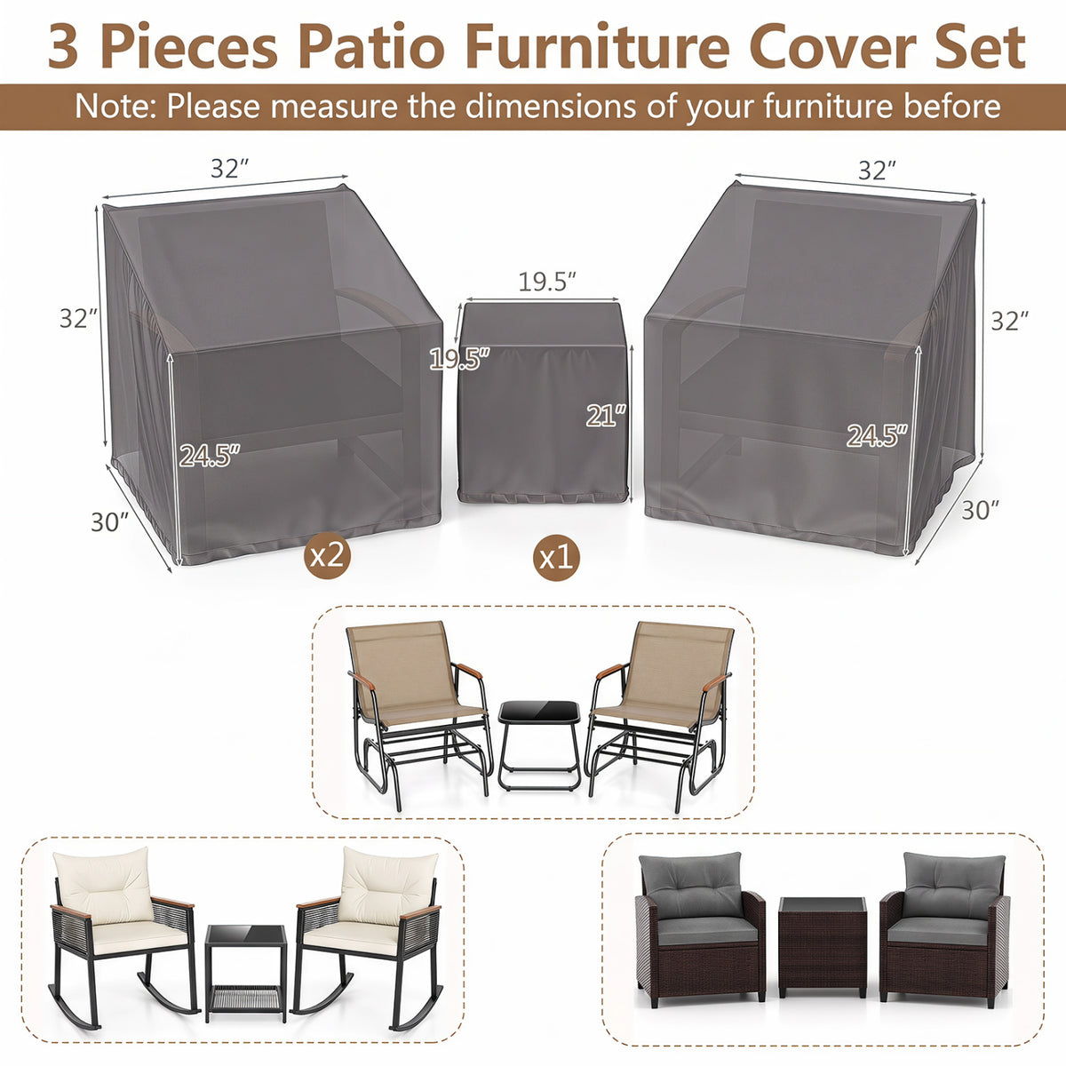 Patio Furniture Covers Waterproof Outdoor Conversation Covers for 3 Pieces Bistro Set-Gray view 4