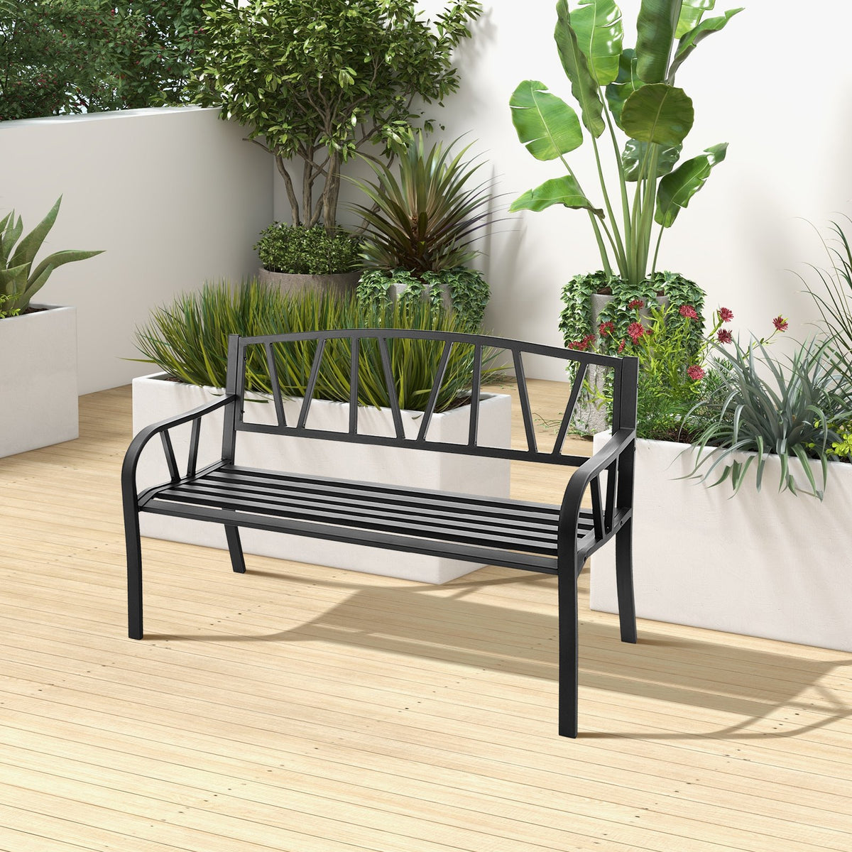 Patio Garden Bench with Metal Frame and Slatted Seat-Black view 2