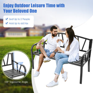 Patio Garden Bench with Metal Frame and Slatted Seat-Black view 3