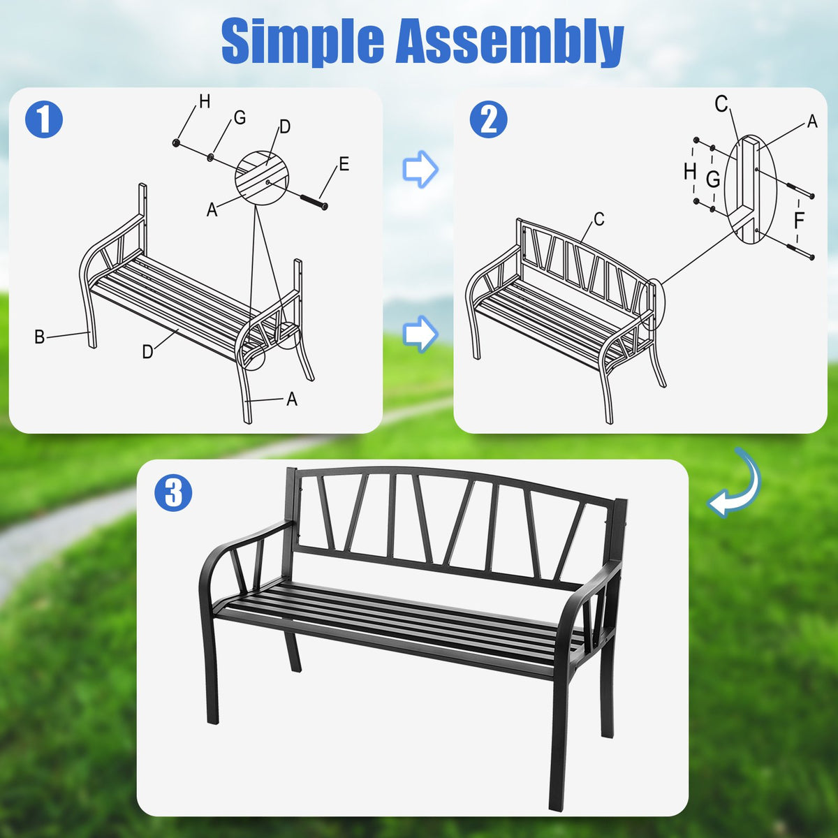 Patio Garden Bench with Metal Frame and Slatted Seat-Black view 5