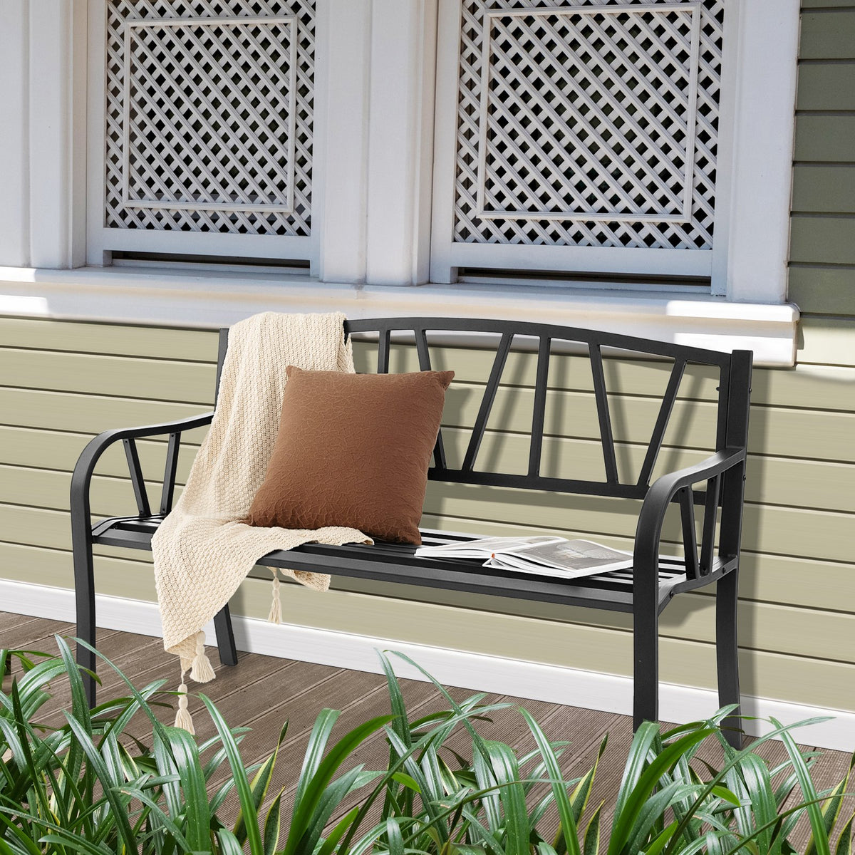 Patio Garden Bench with Metal Frame and Slatted Seat-Black view 7
