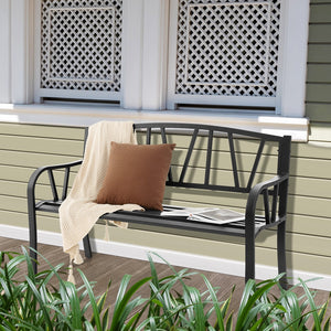 Patio Garden Bench with Metal Frame and Slatted Seat-Black view 7