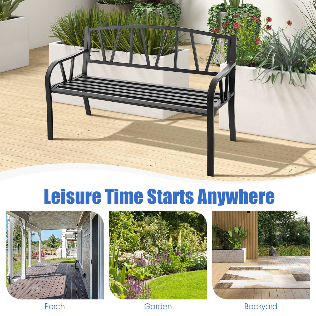 Patio Garden Bench with Metal Frame and Slatted Seat-Black view 8