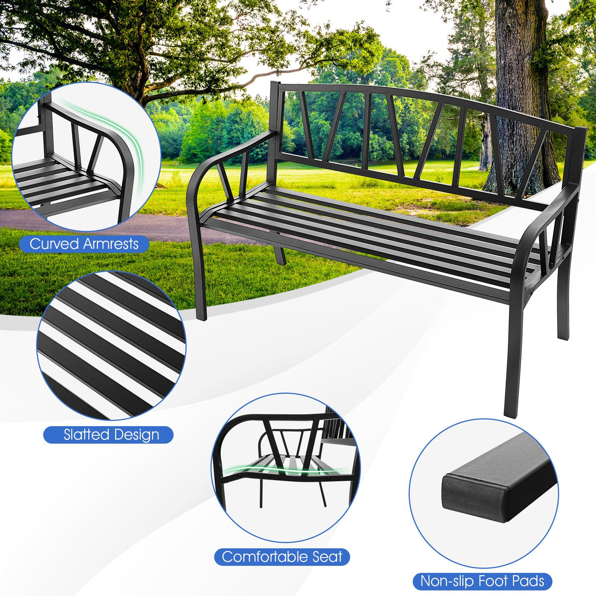 Patio Garden Bench with Metal Frame and Slatted Seat-Black view 9