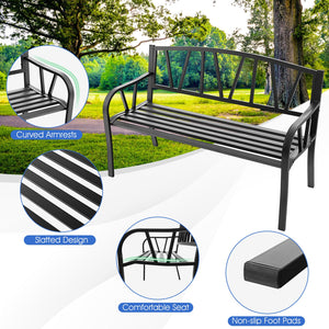 Patio Garden Bench with Metal Frame and Slatted Seat-Black view 9