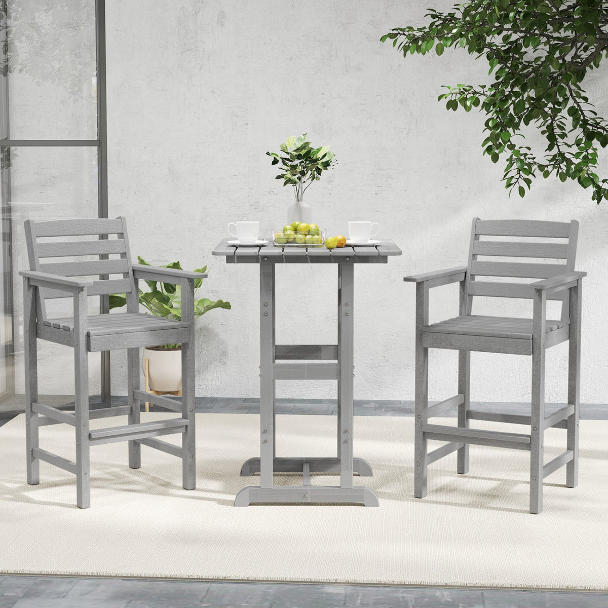Patio HDPE Adirondack Bar Chairs Set of 2 with Wide Armrests-Gray view 2