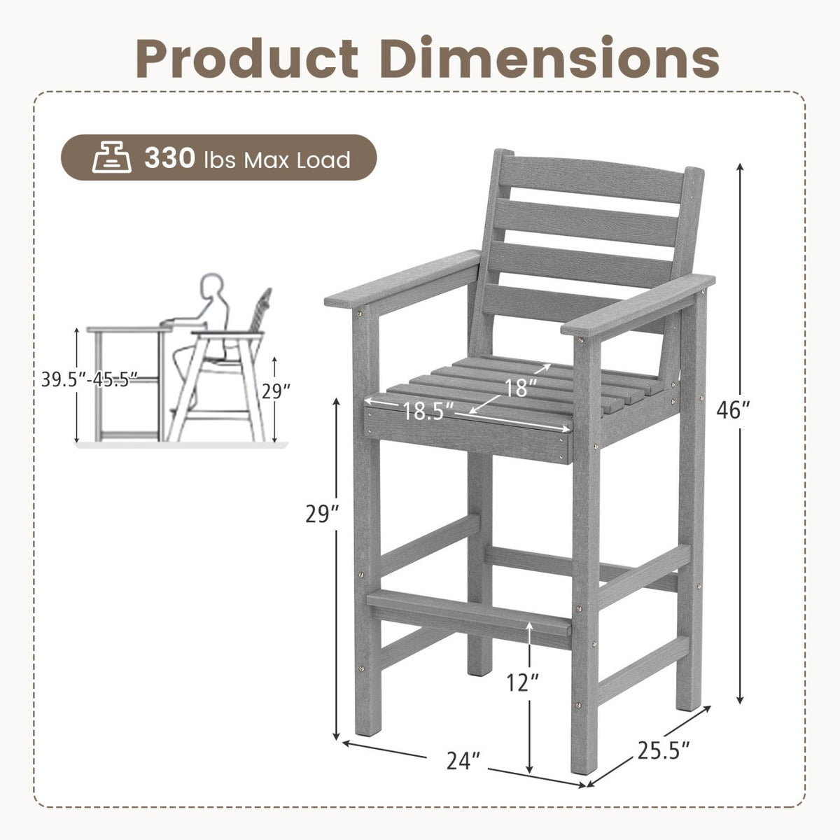 Patio HDPE Adirondack Bar Chairs Set of 2 with Wide Armrests-Gray view 4