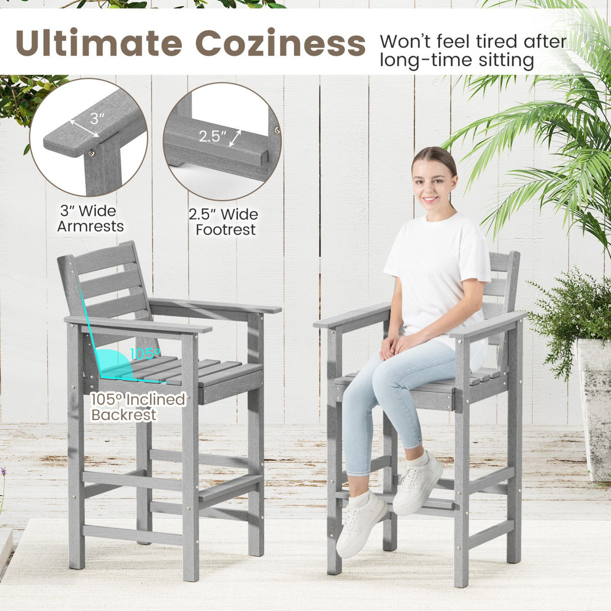 Patio HDPE Adirondack Bar Chairs Set of 2 with Wide Armrests-Gray view 5