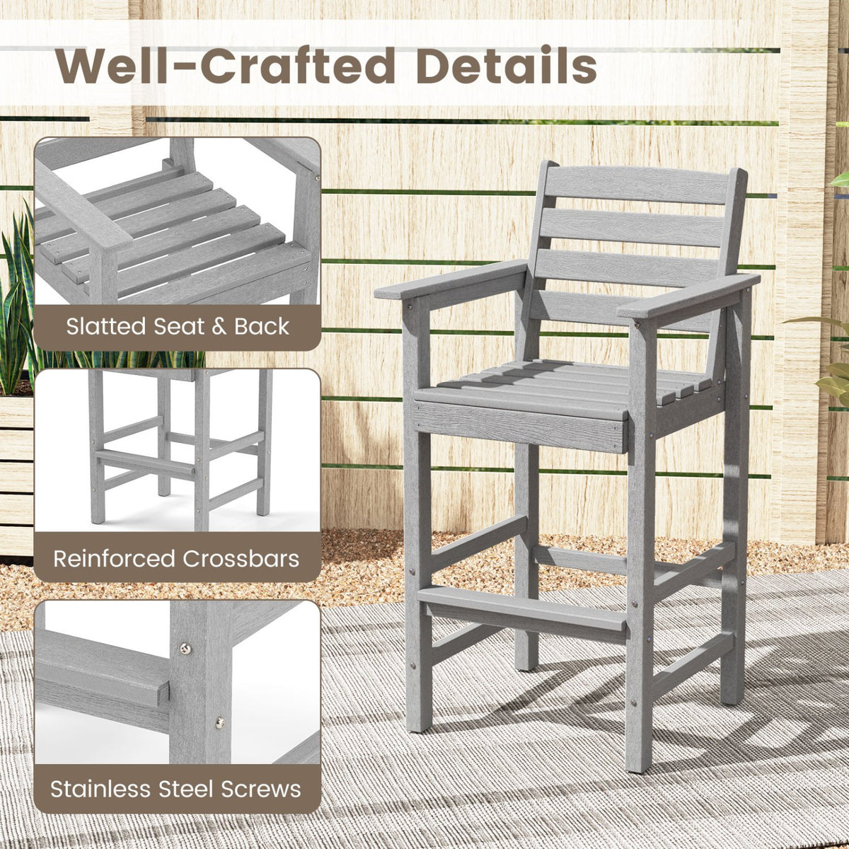 Patio HDPE Adirondack Bar Chairs Set of 2 with Wide Armrests-Gray view 8
