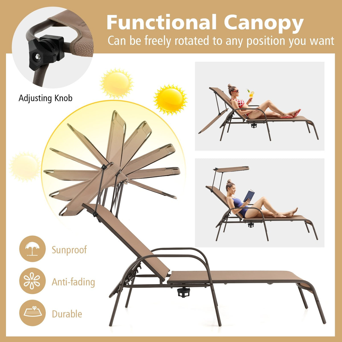Patio Heavy-Duty 5-Level Adjustable Chaise Lounge Chair-Brown view 6