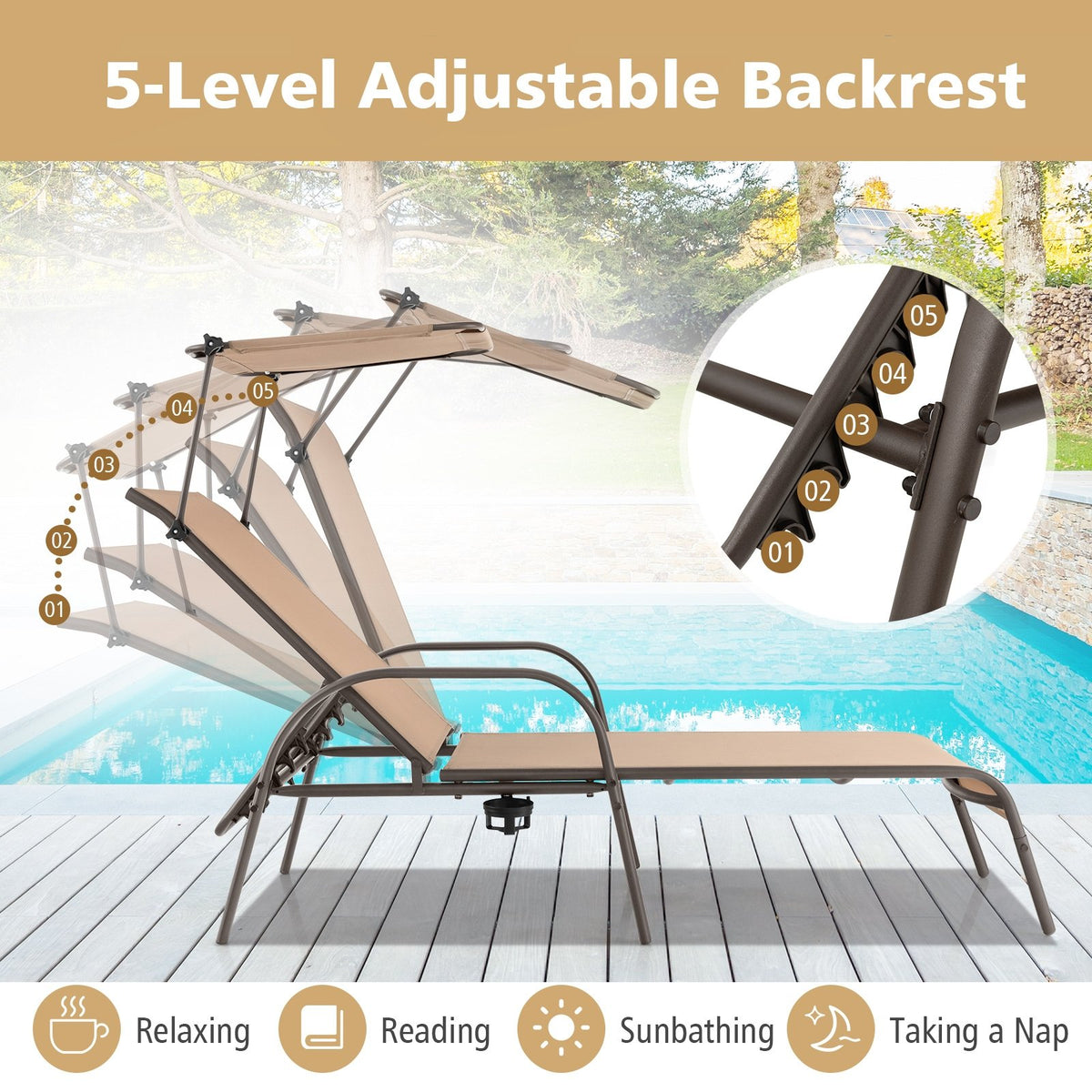 Patio Heavy-Duty 5-Level Adjustable Chaise Lounge Chair-Brown view 8