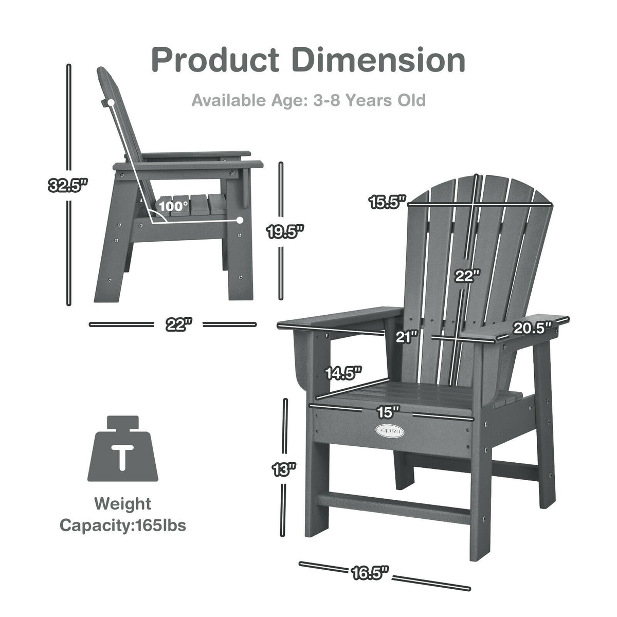 Patio Kids' Adirondack Chair with Ergonomic Backrest-Gray view 4