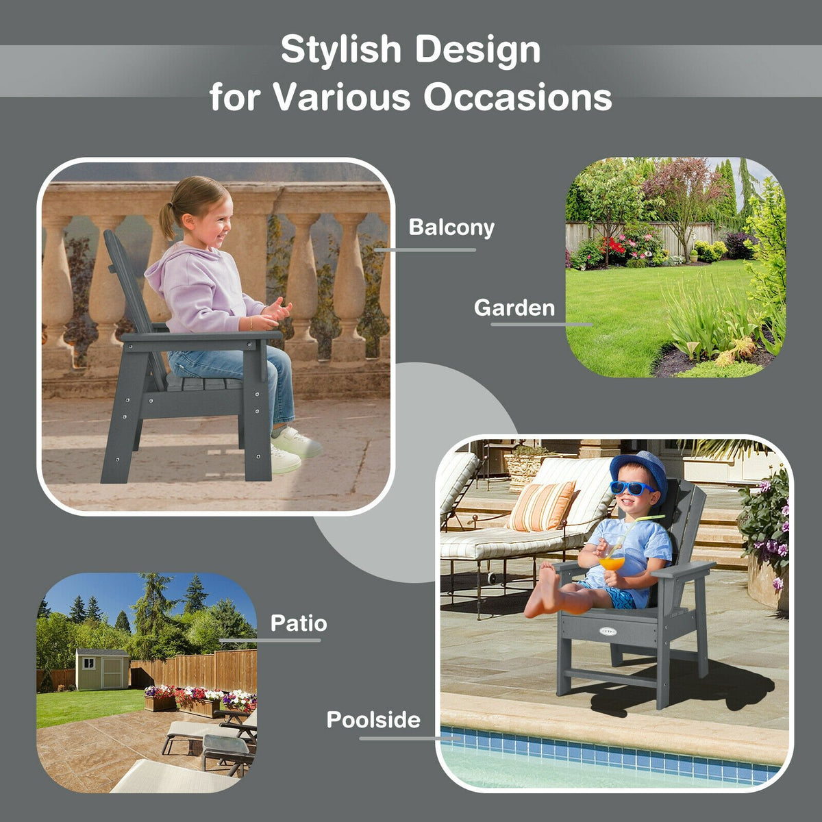 Patio Kids' Adirondack Chair with Ergonomic Backrest-Gray view 7