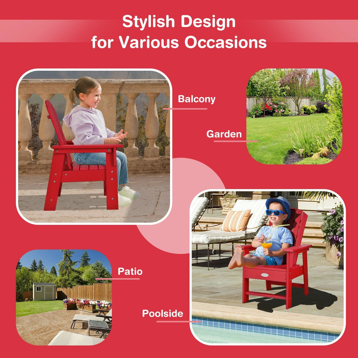 Patio Kids' Adirondack Chair with Ergonomic Backrest-Red view 7