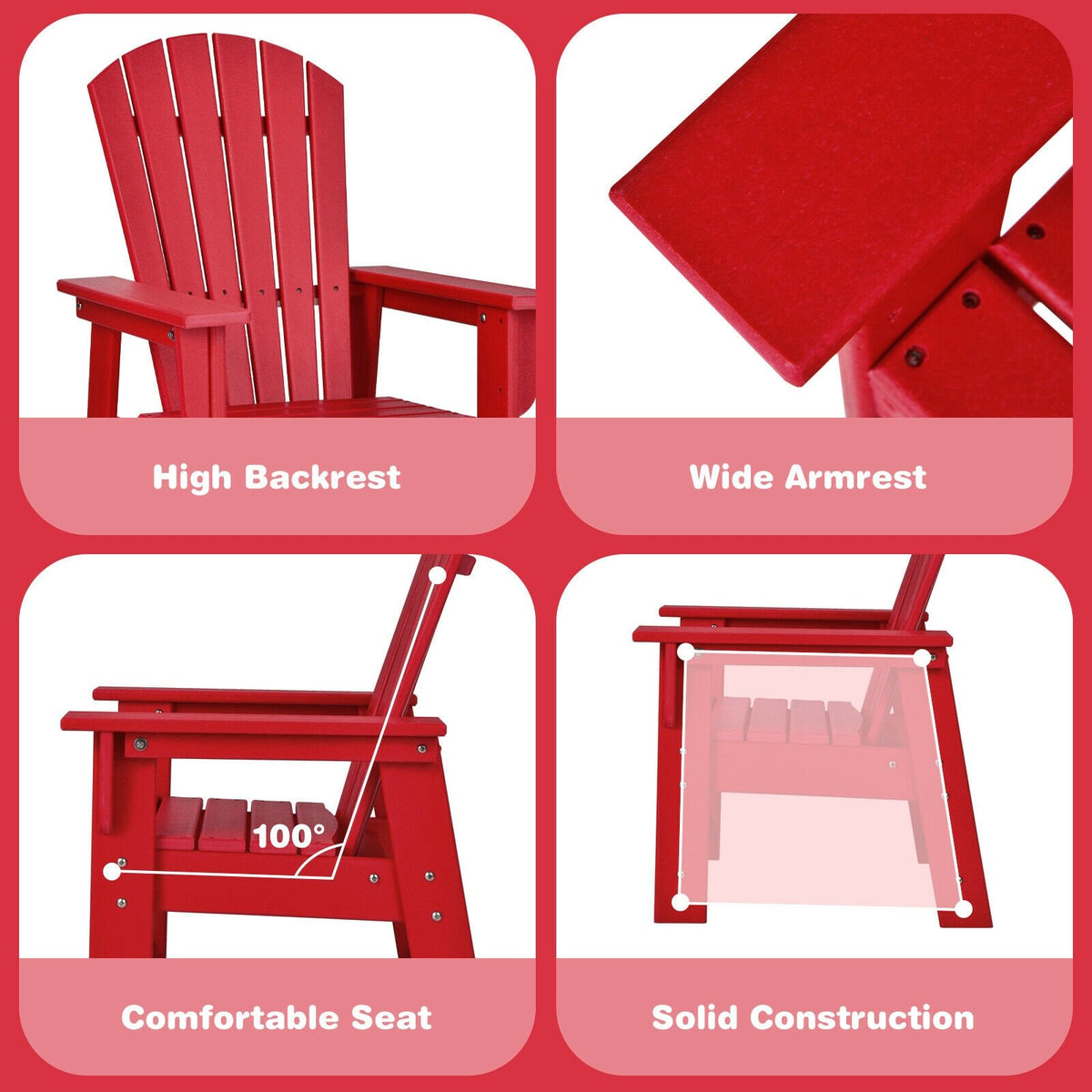 Patio Kids' Adirondack Chair with Ergonomic Backrest-Red view 8