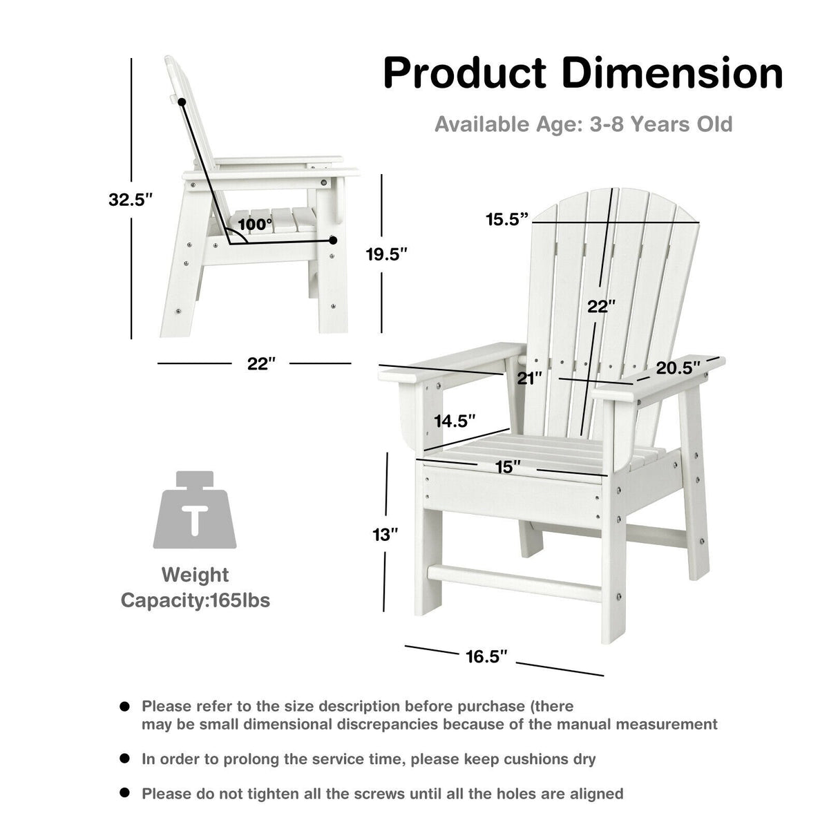 Patio Kids' Adirondack Chair with Ergonomic Backrest-White view 4