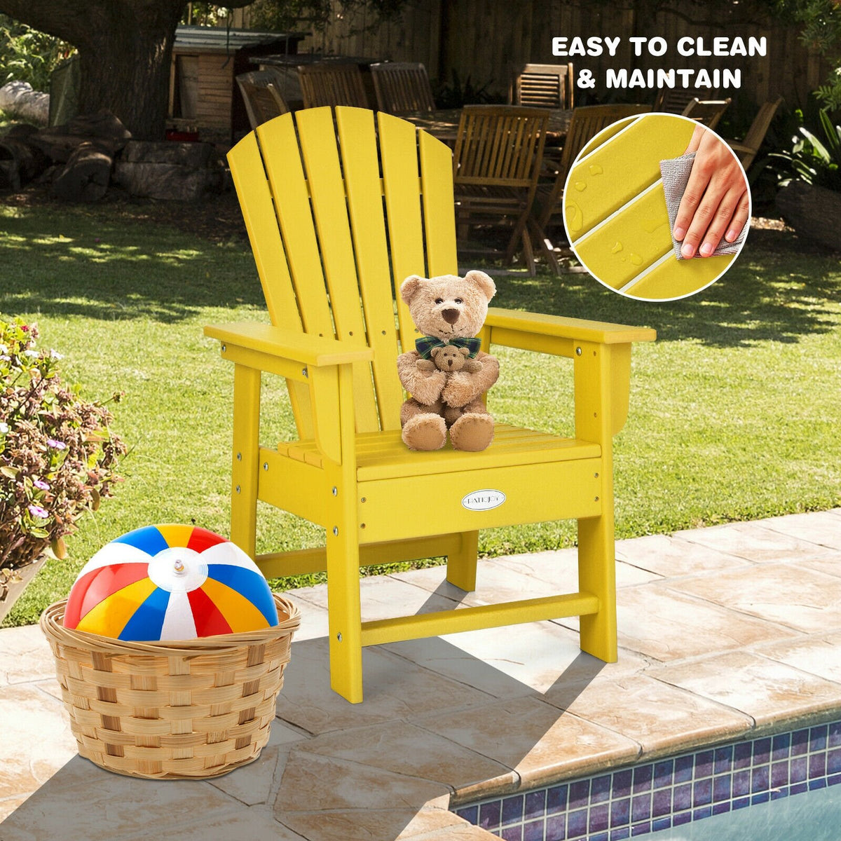 Patio Kids' Adirondack Chair with Ergonomic Backrest-Yellow view 5