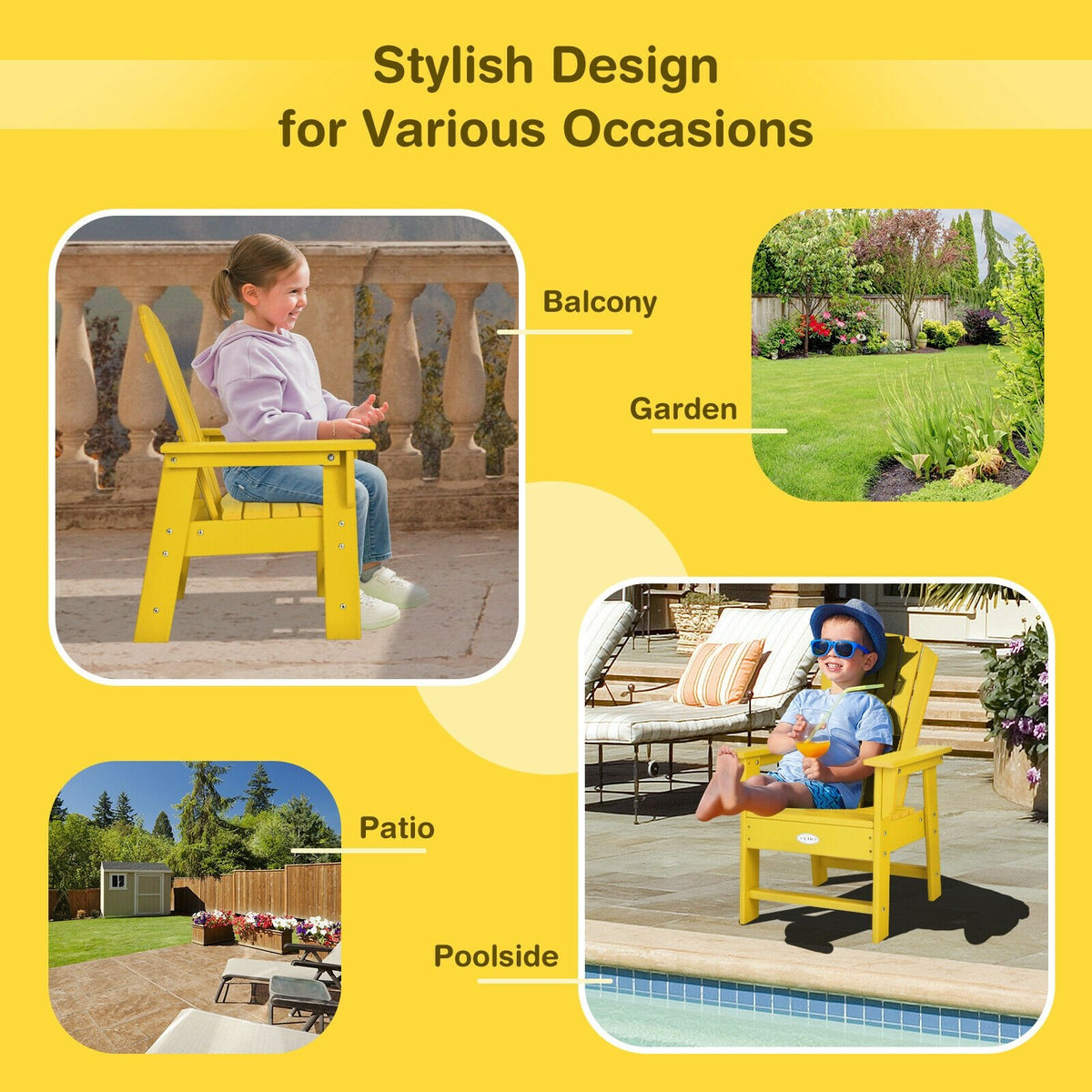 Patio Kids' Adirondack Chair with Ergonomic Backrest-Yellow view 7