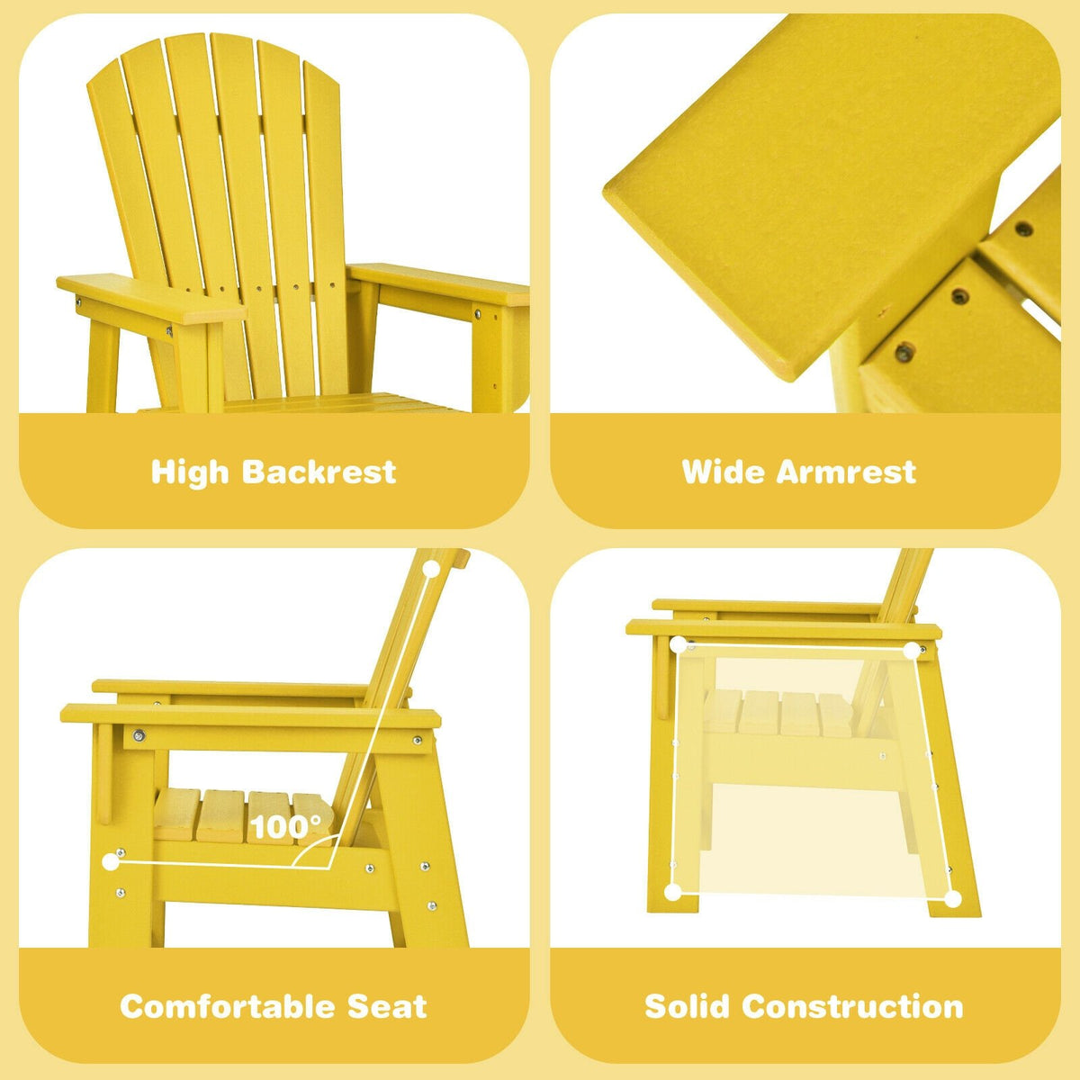 Patio Kids' Adirondack Chair with Ergonomic Backrest-Yellow view 8