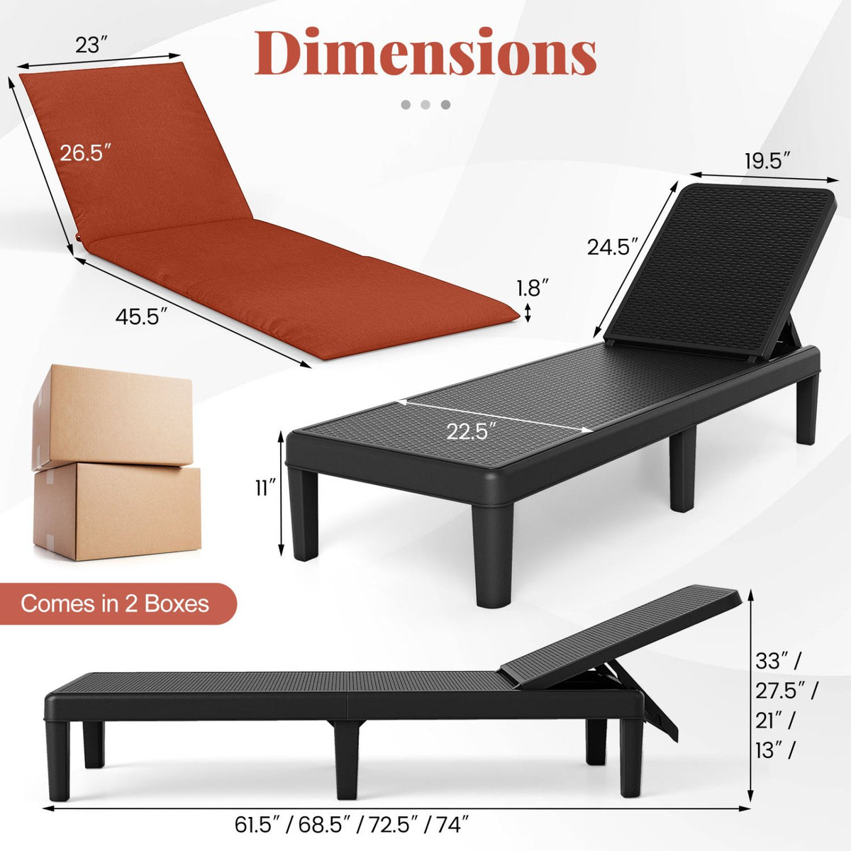 Patio Lounge Chair 3-Position Adjustable Backrest and Cushion-Orange view 3