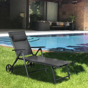 Patio Lounge Chair with Wheels Neck Pillow Aluminum Frame Adjustable-Gray view 2
