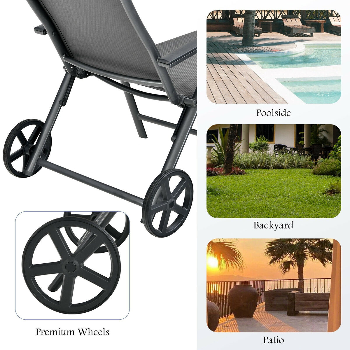 Patio Lounge Chair with Wheels Neck Pillow Aluminum Frame Adjustable-Gray view 3