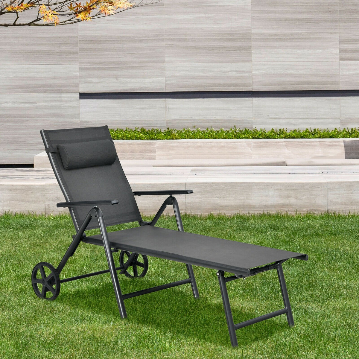 Patio Lounge Chair with Wheels Neck Pillow Aluminum Frame Adjustable-Gray view 6