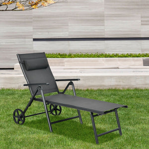 Patio Lounge Chair with Wheels Neck Pillow Aluminum Frame Adjustable-Gray view 6