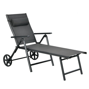 Patio Lounge Chair with Wheels Neck Pillow Aluminum Frame Adjustable-Gray view 7