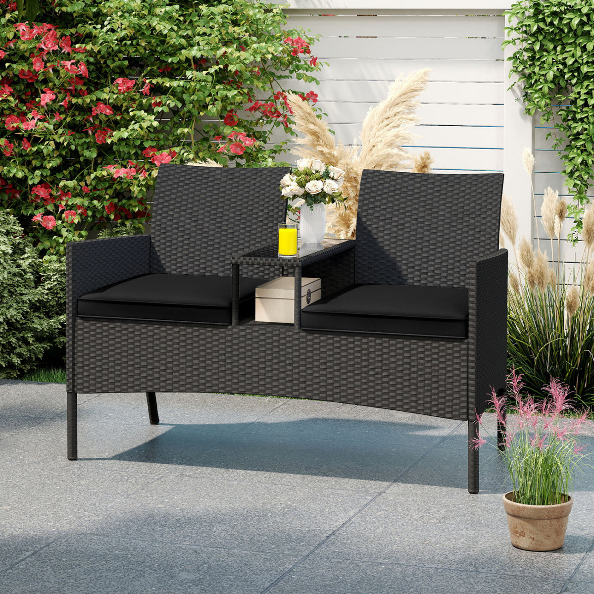 Patio Loveseat with Built-in Table for Backyard Porch-Black view 2