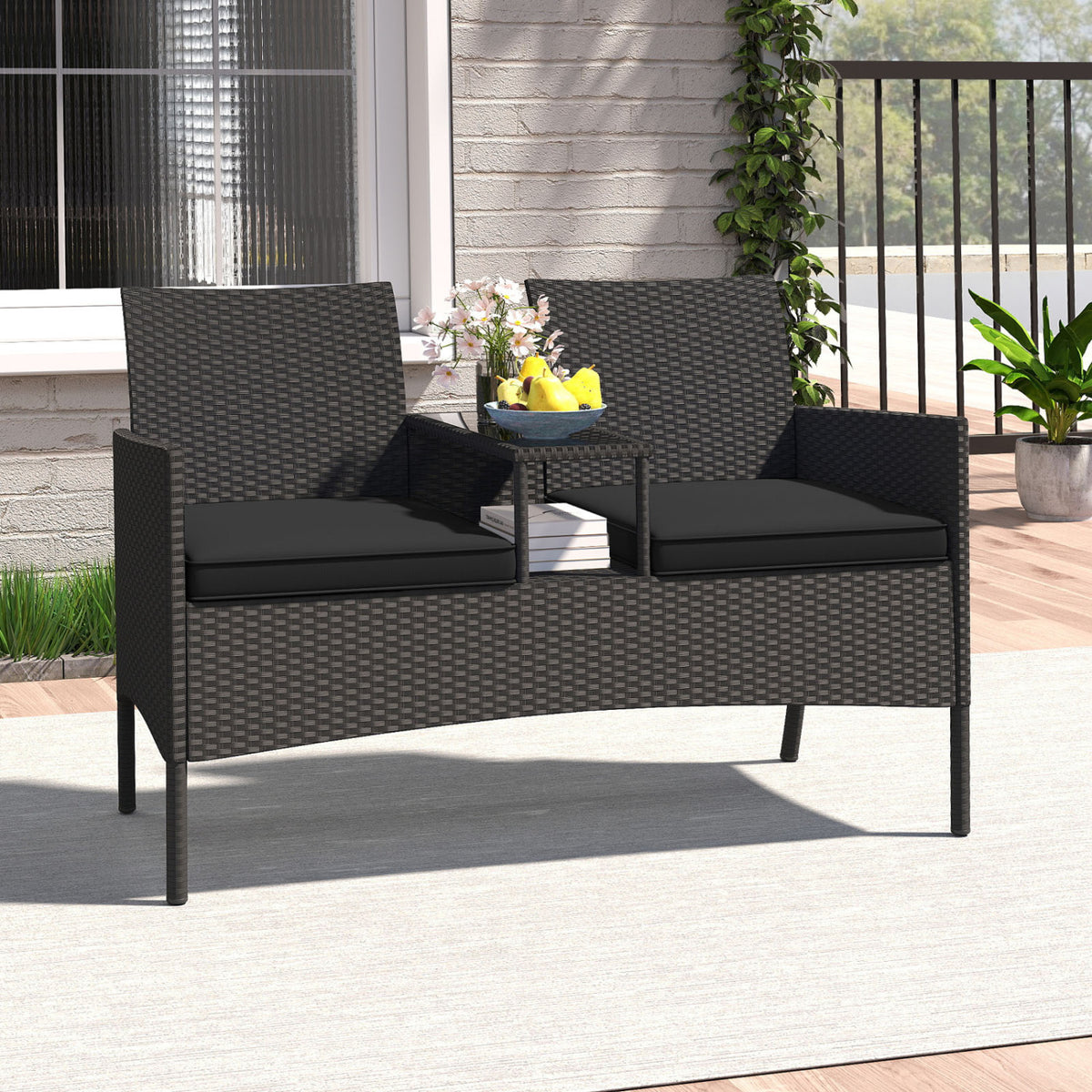 Patio Loveseat with Built-in Table for Backyard Porch-Black view 3