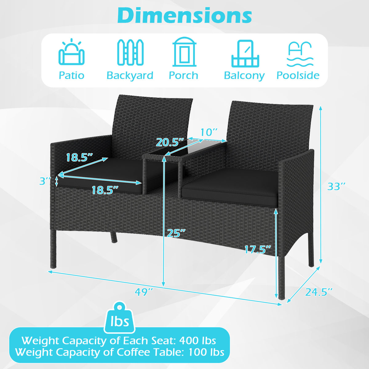 Patio Loveseat with Built-in Table for Backyard Porch-Black view 5