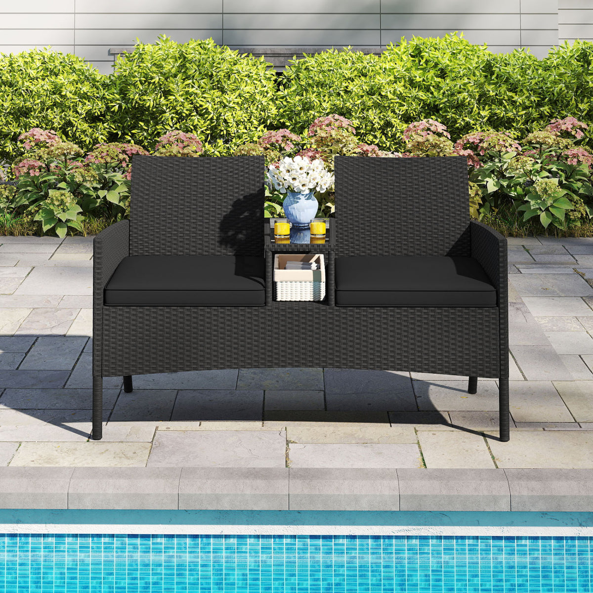 Patio Loveseat with Built-in Table for Backyard Porch-Black view 6