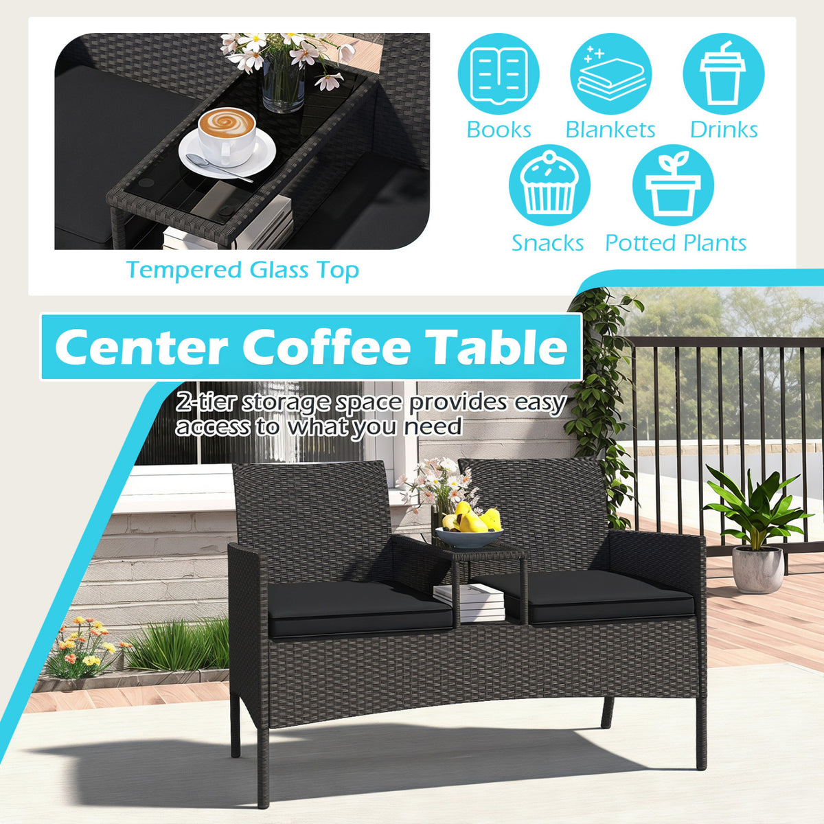 Patio Loveseat with Built-in Table for Backyard Porch-Black view 9